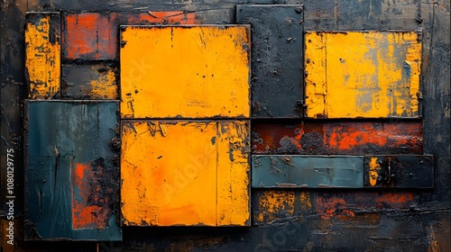 Textured oxidized metal with bold rust lines, uneven patches of faded yellow-orange, rough surfaces blending with smooth areas, gritty industrial art