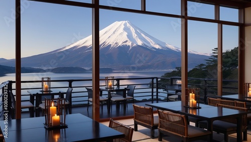 A luxurious candlelit hilltop restaurant with large windows offering panoramic views of Mt. Fuji over a tranquil lake. photo