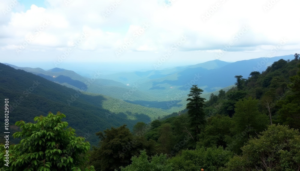 Fototapeta premium Majestic mountains lush valleys and a serene sky