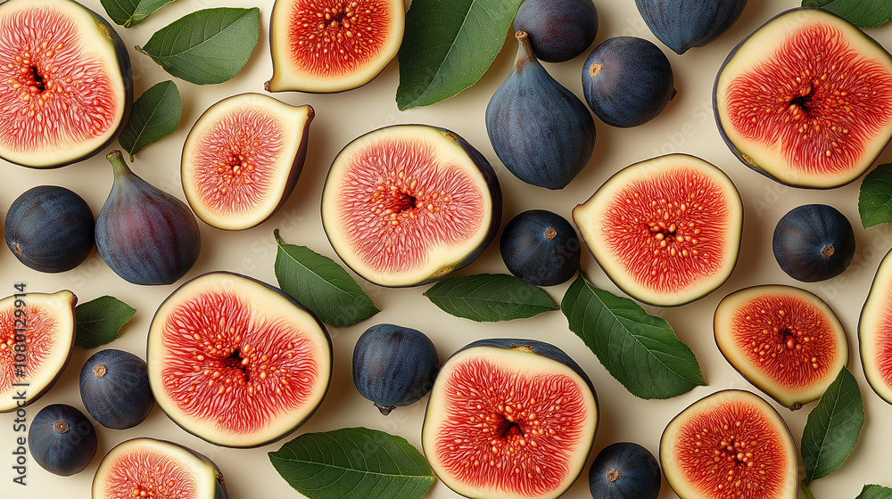 Whole and cut ripe figs on light textured table, flat lay Whole and cut ripe figs on light textured table, flat lay