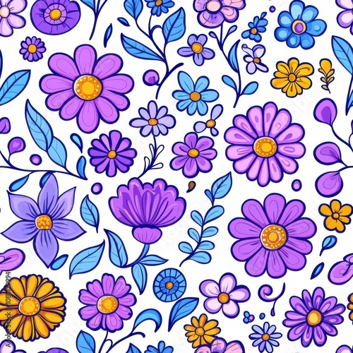 Colorful Floral Pattern with Purple, Blue, and Yellow Flowers, Playful Botanical Design on White Background, Perfect for Wallpapers, Fabrics, and Decorative Art Prints