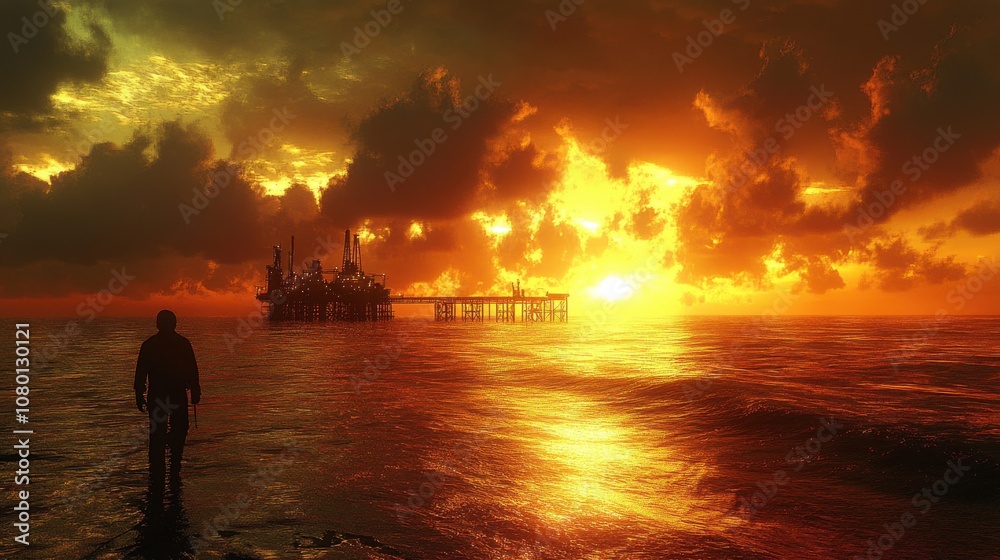 Engineer Near Oil Rig with Blueprint and Sunset Lighting Engineer Near Oil Rig with Blueprint and Sunset Lighting