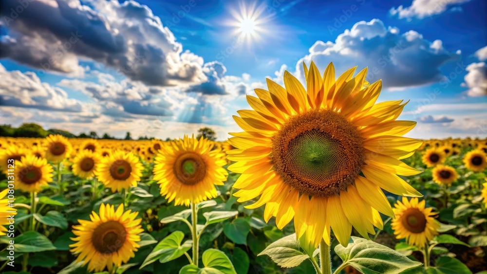 Obraz premium Vibrant Sunflower Field Under Clear Blue Sky with Fluffy White Clouds on a Sunny Day - Nature, Flowers, Sunlight, Summer, Agriculture, Scenic Landscape, Outdoor Beauty, Botanical.