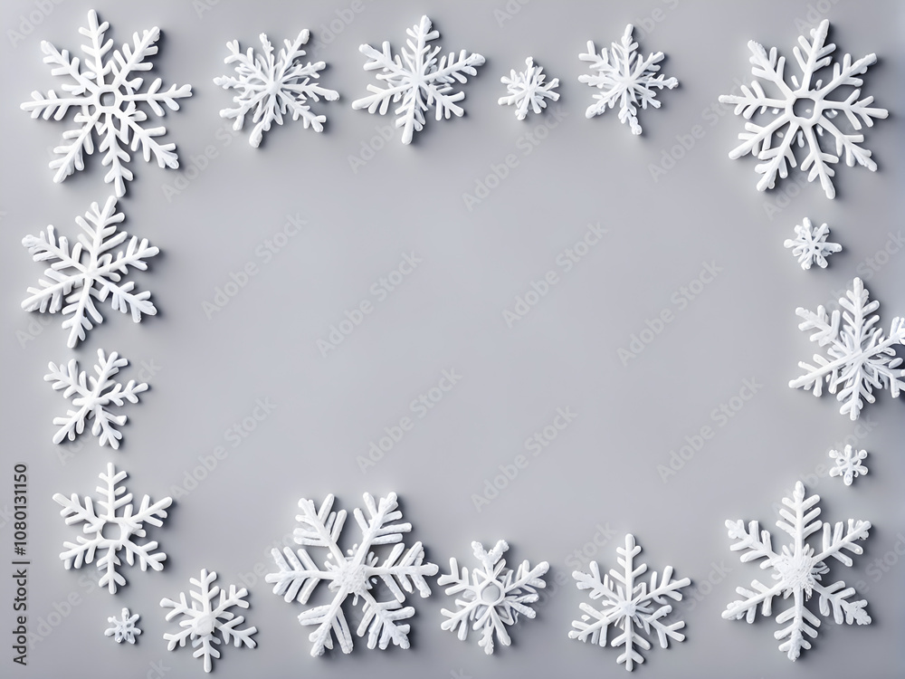 Christmas composition. Christmas frame made of snowflakes on pastel gray background. Winter concept. Flat lay, top view, copy space