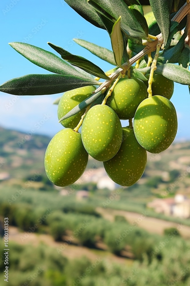 Ripe Green Olives on Branch Symbol of Peace, Harmony, and Abundance. Lush Countryside Background. Ripe Green Olives on Branch Symbol of Peace, Harmony, and Abundance. Lush Countryside Background.