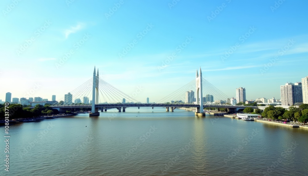 Elegant bridge spanning serene river under clear sky Elegant bridge spanning serene river under clear sky