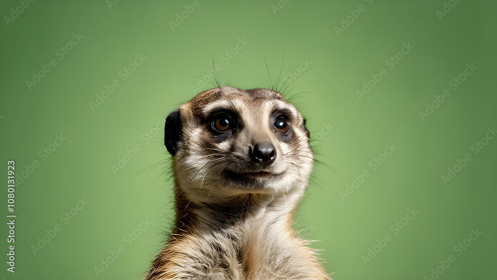 Fototapeta premium Portrait of a meerkat looking at camera on green background