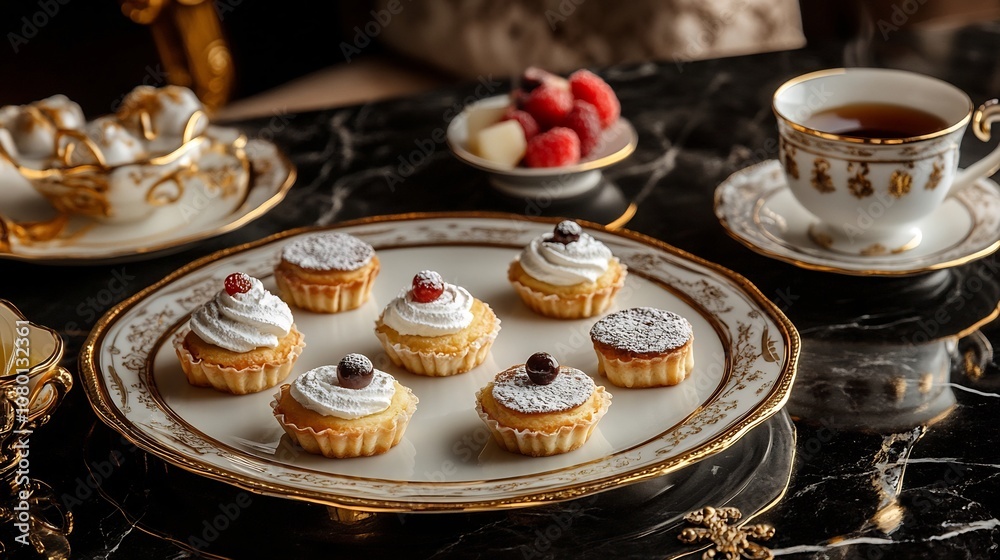 Elegant Afternoon Tea Spread with Delectable Fruit Tarts and Pastries Elegant Afternoon Tea Spread with Delectable Fruit Tarts and Pastries