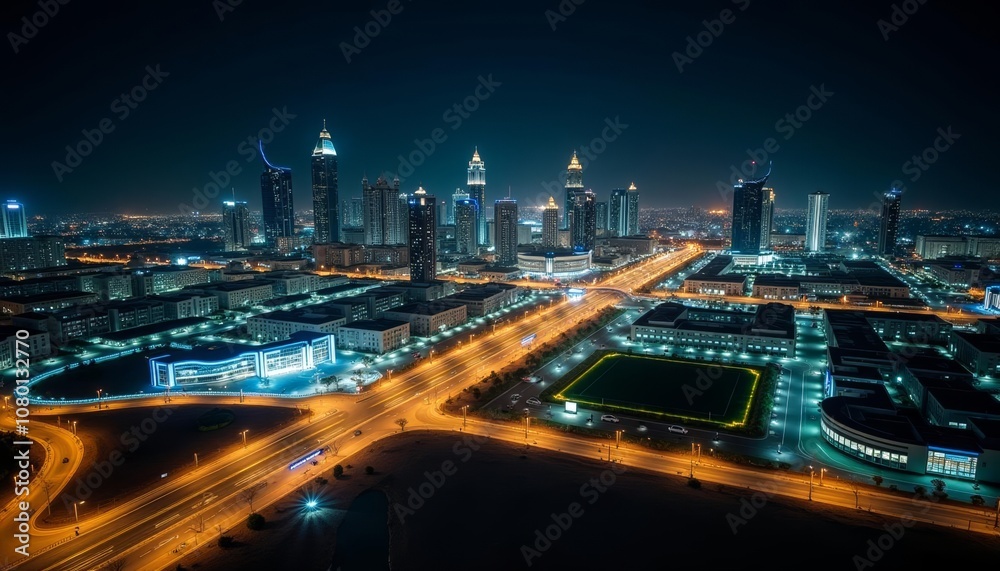  Vibrant cityscape at night illuminated by bright lights and neon glow
