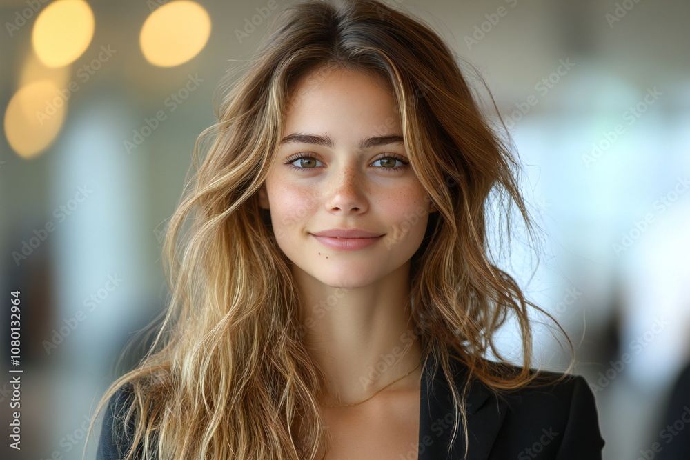 Fototapeta premium A young woman with long blonde hair smiles warmly at the camera. She is wearing a black blazer and has a natural, glowing complexion.