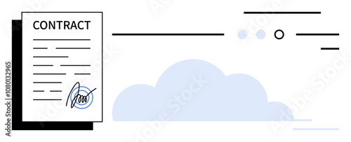 Digital contract with signature next to cloud icon and minimalist lines. Ideal for digital agreements, cloud storage, e-signatures, online business, data security, tech services, and paperless