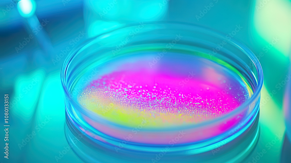 Close-up of colorful microscopic gut bacteria colonies in a petri dish on a lab table, representing microbiology research and health science concepts. Close-up of colorful microscopic gut bacteria colonies in a petri dish on a lab table, representing microbiology research and health science concepts.
