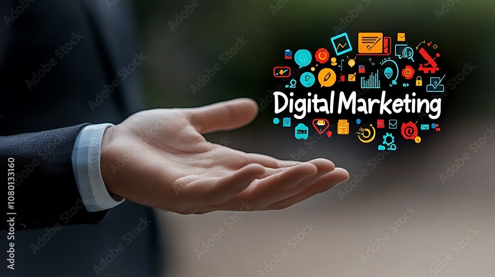 Hologram digital marketing with icons, A business man holding out his hand with the word Digital marketing Hologram digital marketing with icons, A business man holding out his hand with the word Digital marketing