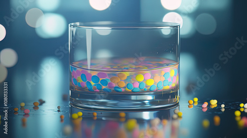 Close-up of colorful microscopic gut bacteria colonies in a petri dish on a lab table, representing microbiology research and health science concepts.