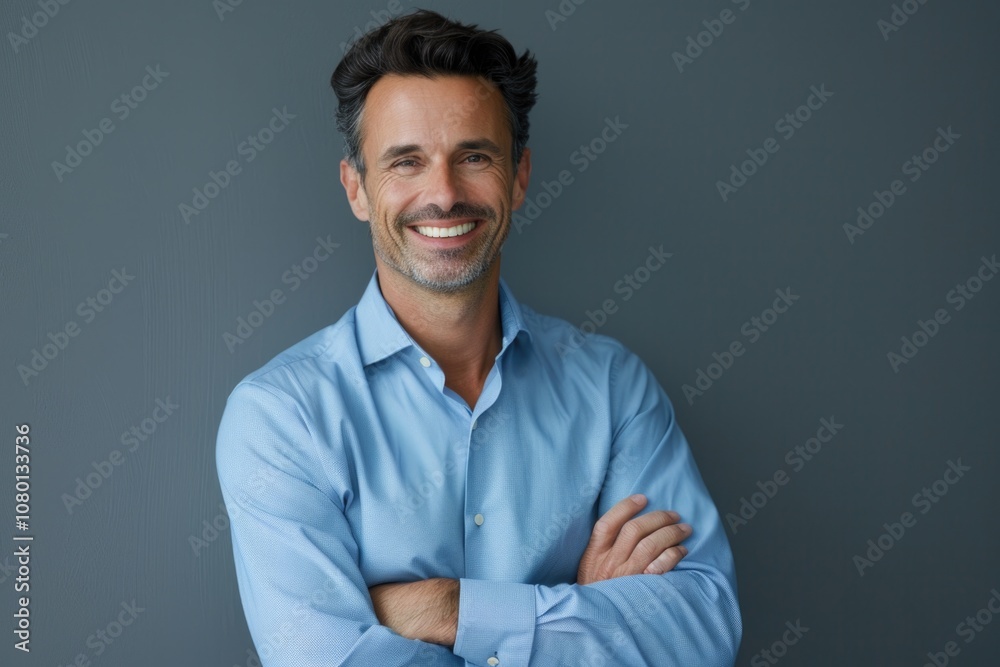 Business Person Gray Background. Handsome Businessman with Crossed Arms in Blue Shirt Isolated on Gray Background