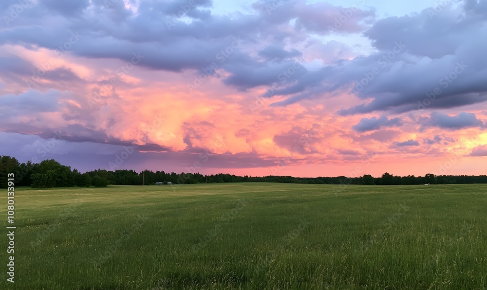 Serene field under a dramatic cloudy sky at sunset, Generative AI Serene field under a dramatic cloudy sky at sunset, Generative AI