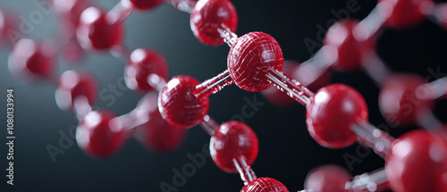 Personalized Medicine Genetic Testing Concept. A close-up of a molecular structure with red spheres connected by clear rods, illustrating chemical bonds and the intricate nature of molecular science.