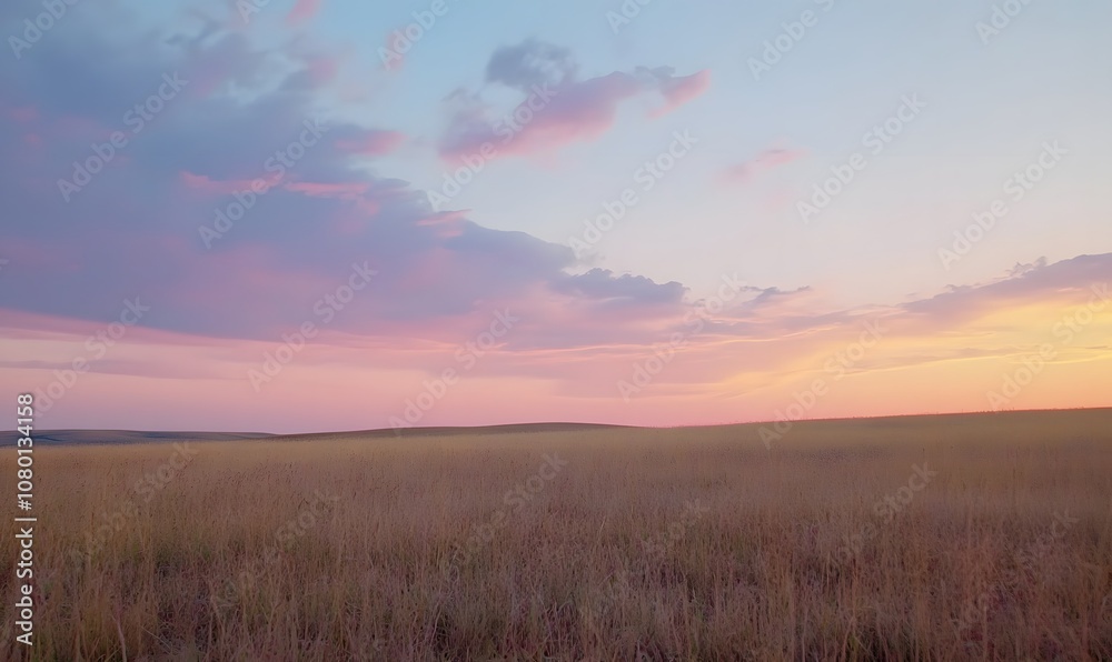 Fototapeta premium Serene field under a dramatic cloudy sky at sunset, Generative AI 