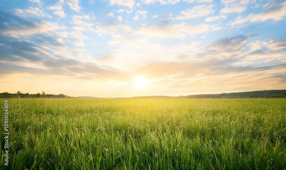Serene field under a dramatic cloudy sky at sunset, Generative AI Serene field under a dramatic cloudy sky at sunset, Generative AI