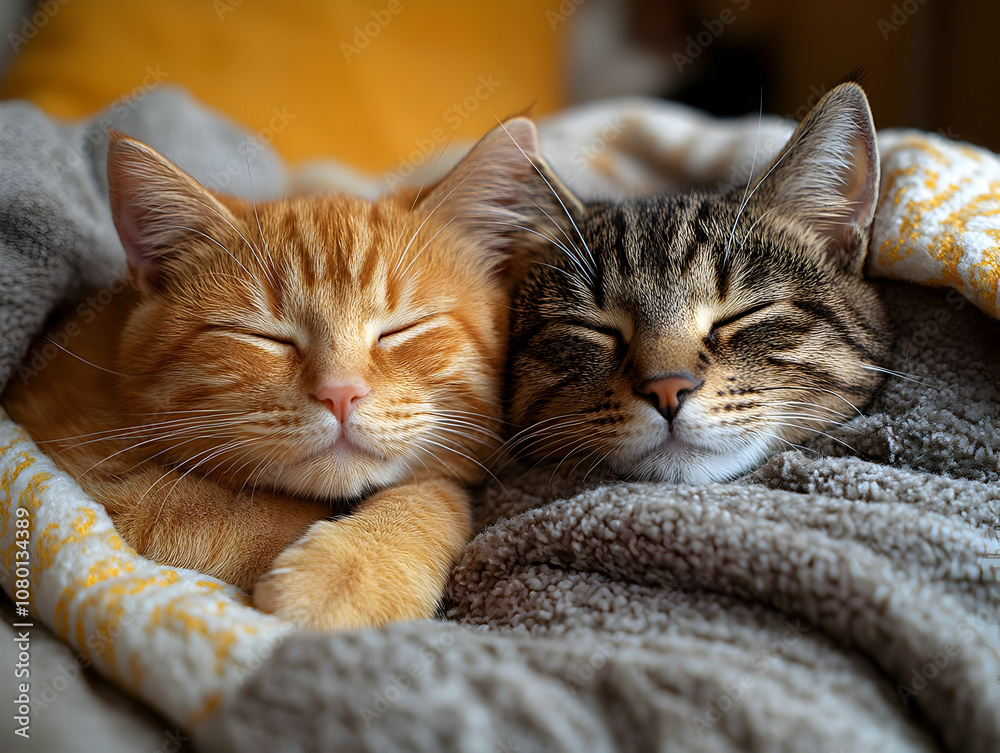 Obraz premium Two cozy cats snuggled together on a warm blanket, peacefully sleeping