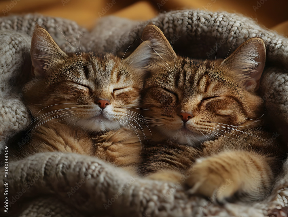 Two cozy cats snuggled together on a warm blanket, peacefully sleeping Two cozy cats snuggled together on a warm blanket, peacefully sleeping