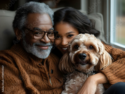 A happy couple snuggling on a couch with their fluffy dog, creating a cozy and warm moment at home