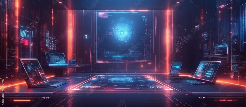 Obraz premium Futuristic workspace with glowing screens.