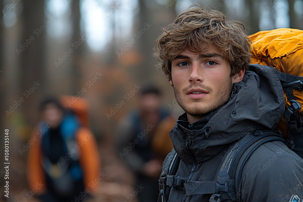 Fototapeta premium Young man with curly hair looking at the camera, wearing a dark jacket and carrying a backpack while hiking in a forest.