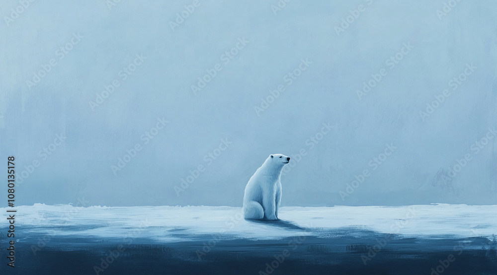 Obraz premium A polar bear sits on a sheet of ice in the Arctic. The sky is a pale blue and the ice is covered in a layer of snow