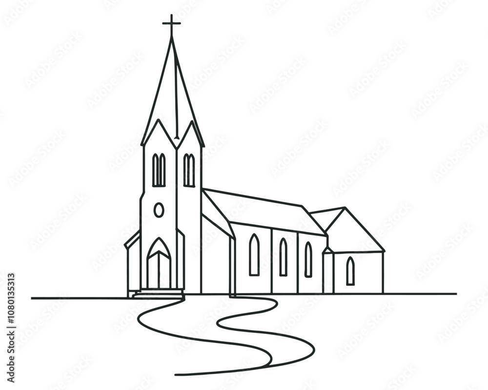 Vector linear image on white background, one line. Protestant church with road to the entrance
