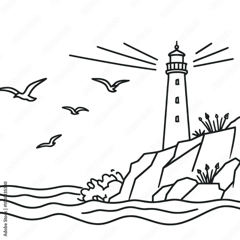 Vector linear image on white background, one line. lighthouse on the shore