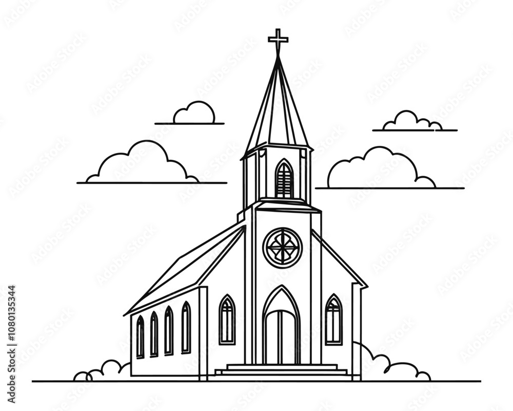 Vector linear image on white background, one line. Protestant church with road to the entrance
