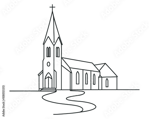 Vector linear image on white background, one line. Protestant church with road to the entrance
