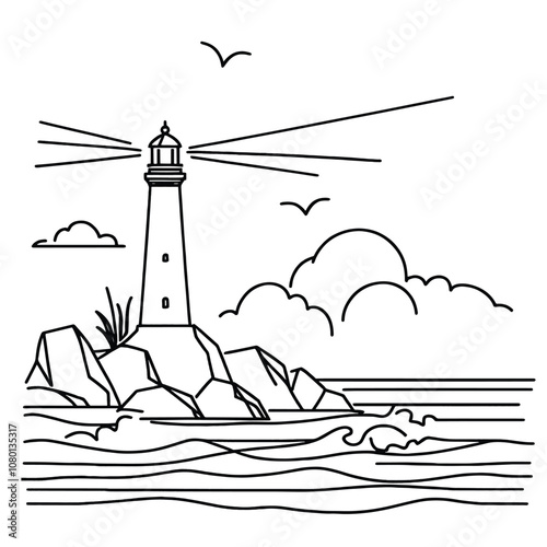 Vector linear image on white background, one line. lighthouse on the shore