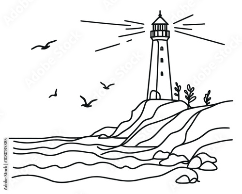 Vector linear image on white background, one line. lighthouse on the shore