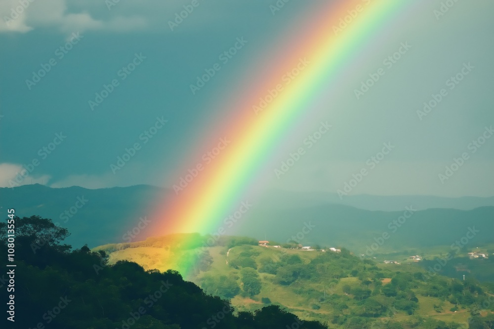 A rainbow is seen in the sky above a mountain range. The sky is cloudy and the rainbow is very bright A rainbow is seen in the sky above a mountain range. The sky is cloudy and the rainbow is very bright