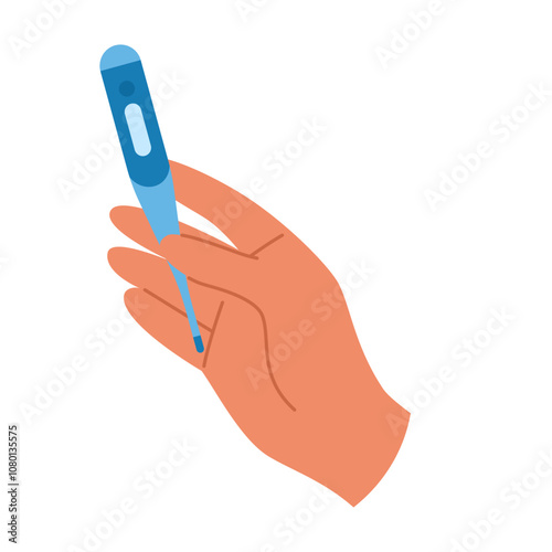 Digital thermometer held by a human hand. Vector illustration for medical, fever, and health topics