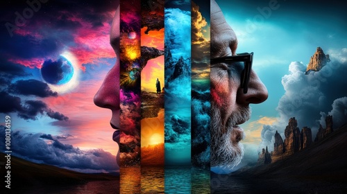 Two profiles are interposed with vivid surreal landscapes, each depicting ethereal elements like mountains, skies, and vibrant clouds in a dreamlike sequence. photo