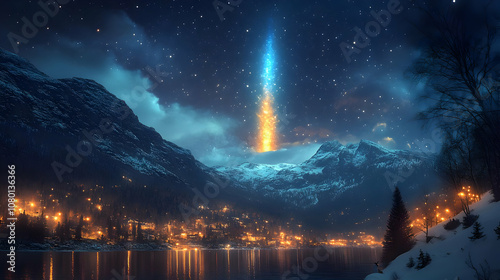 Night Sky Mountain Town Ill...