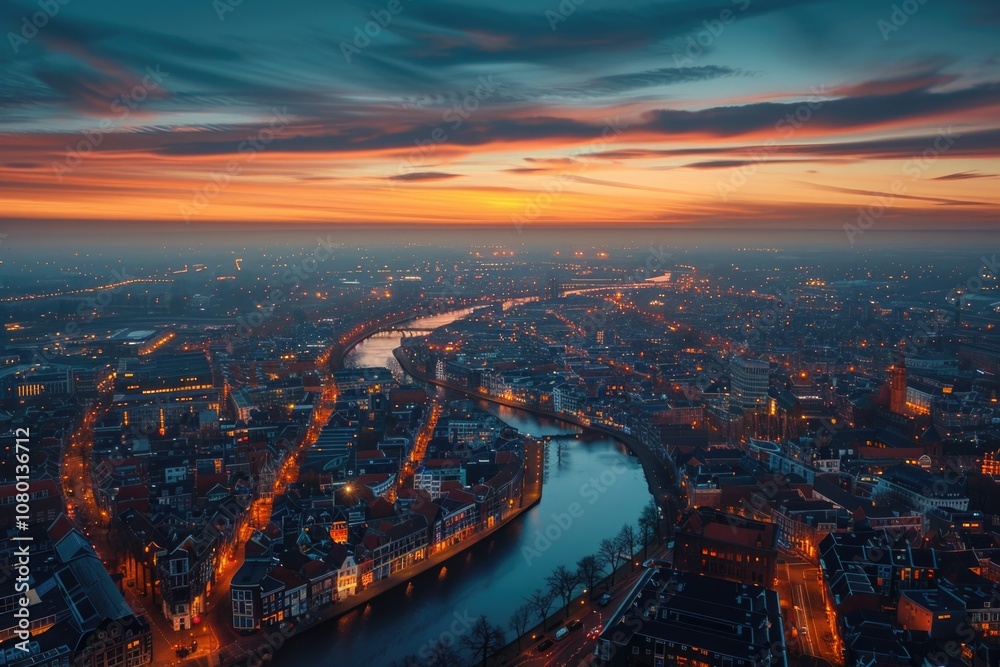 Fototapeta premium City Aerial Night. Aerial View of Leiden City at Night with Urban Skyline and Clouds