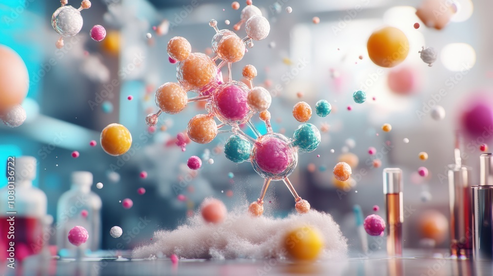 Colorful abstract molecular structure with floating spheres in a laboratory setting.