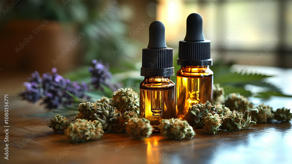 Two Bottles of Essential Oil Surrounded by Green Buds Realistic Image Two Bottles of Essential Oil Surrounded by Green Buds Realistic Image
