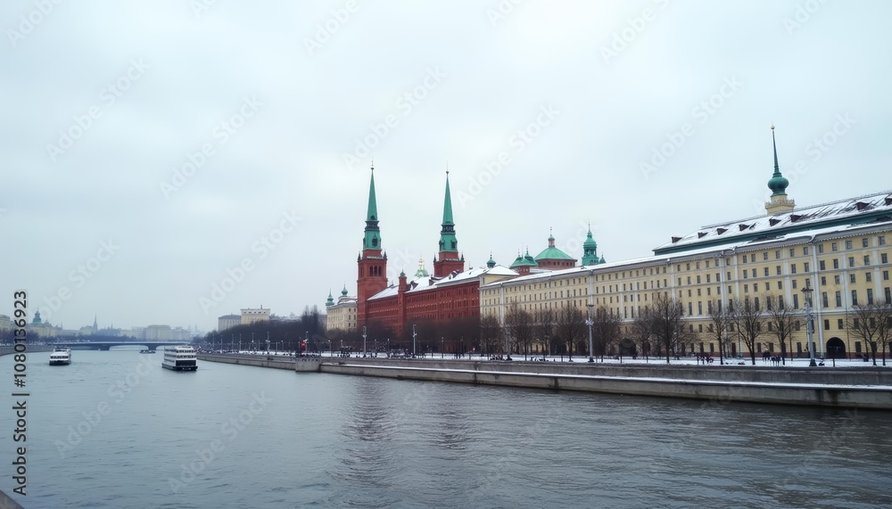 Serene riverside cityscape under a cloudy sky Serene riverside cityscape under a cloudy sky