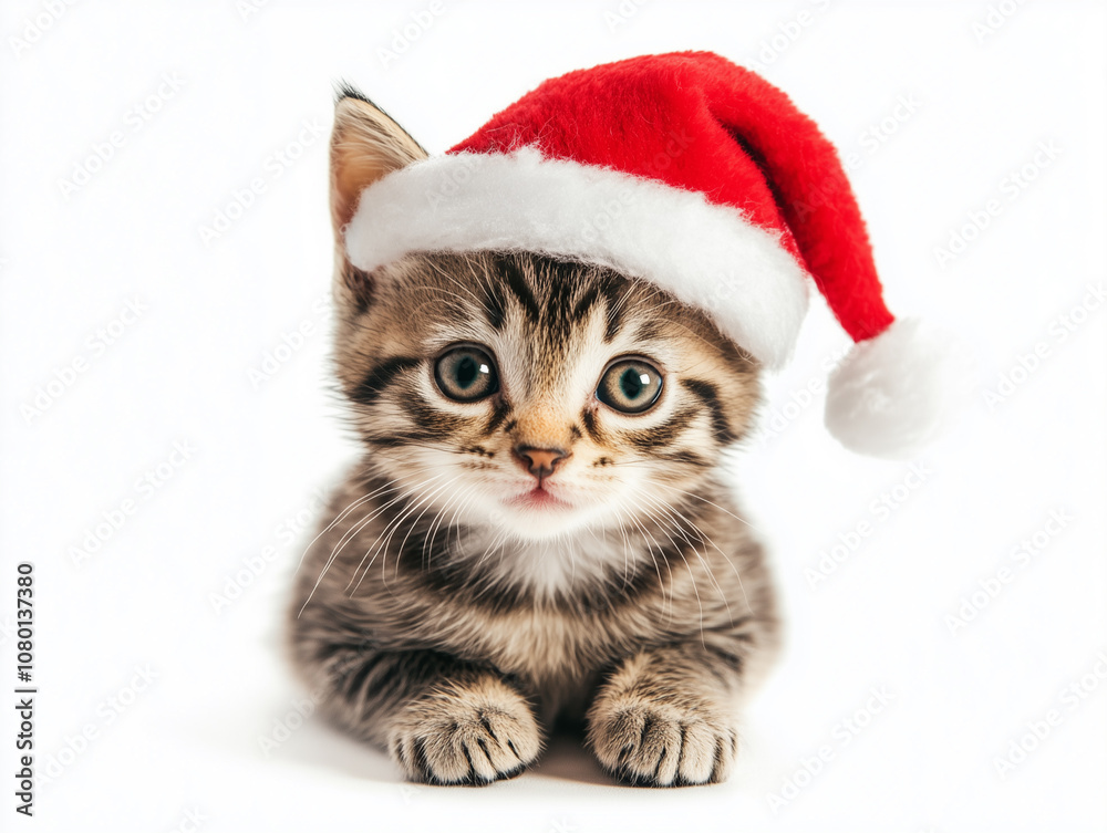 charming kitten dressed in a Santa hat on white background charming kitten dressed in a Santa hat on white background