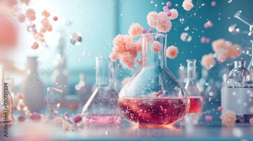 Colorful chemical reaction in laboratory flask with floating particles and vibrant colors. photo