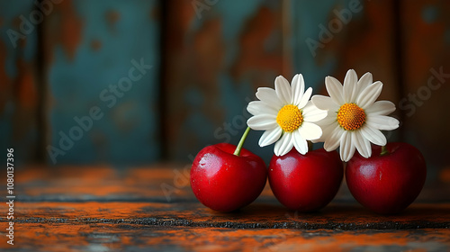 Three Red Cherries with Whi...