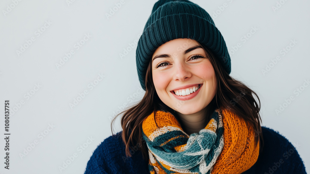 portrait a young woman with dark hair in a cozy dark blue hat and scarf, conveying both beauty and seasonal style. portrait a young woman with dark hair in a cozy dark blue hat and scarf, conveying both beauty and seasonal style.