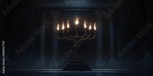 A dramatic and atmospheric image of a lit menorah, set against a backdrop of ancient columns and soft, ethereal light. photo