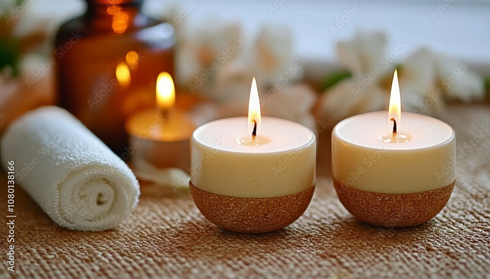 Serene Spa Still Life with Burning Candles, Soft Towel, and Amber Essential Oil Bottle in Background Serene Spa Still Life with Burning Candles, Soft Towel, and Amber Essential Oil Bottle in Background