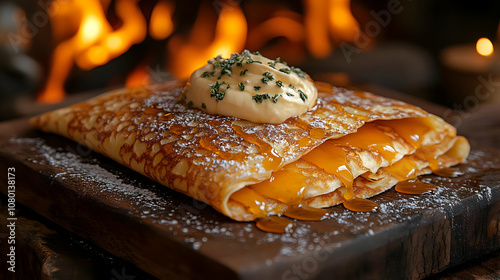 Crepe with Whipped Cream and Honey - Food Photography photo